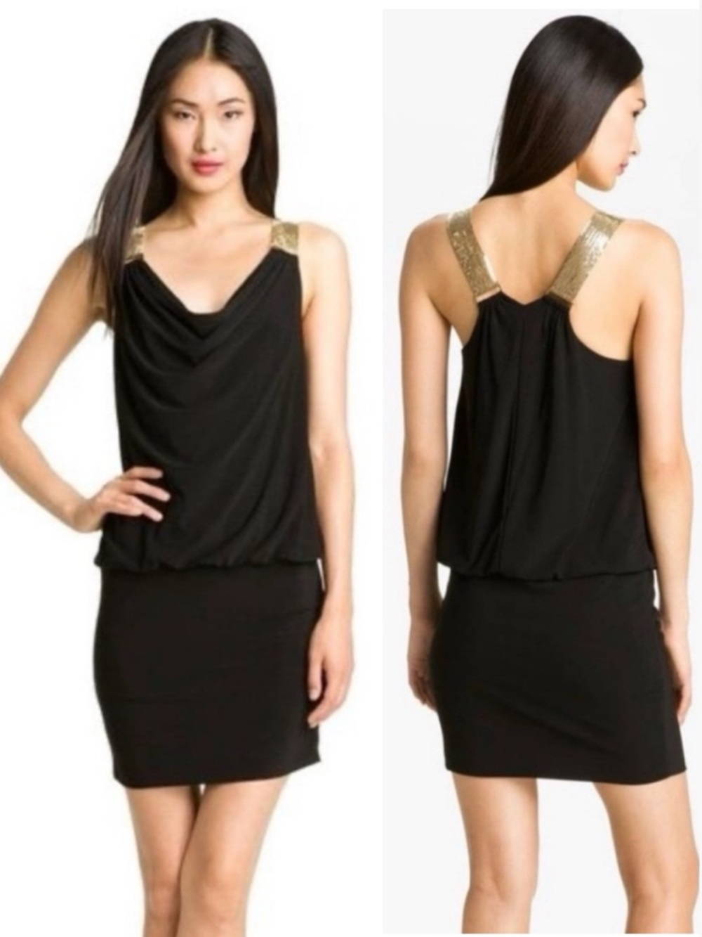 Betsey & Adam Black Blouson Dress w/gold chain straps